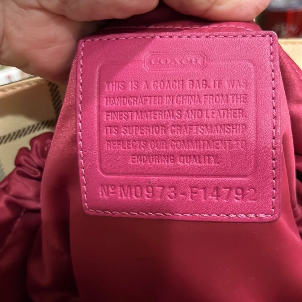 Coach Beige Plaid Canvas Laptop Tote with Pink Accent